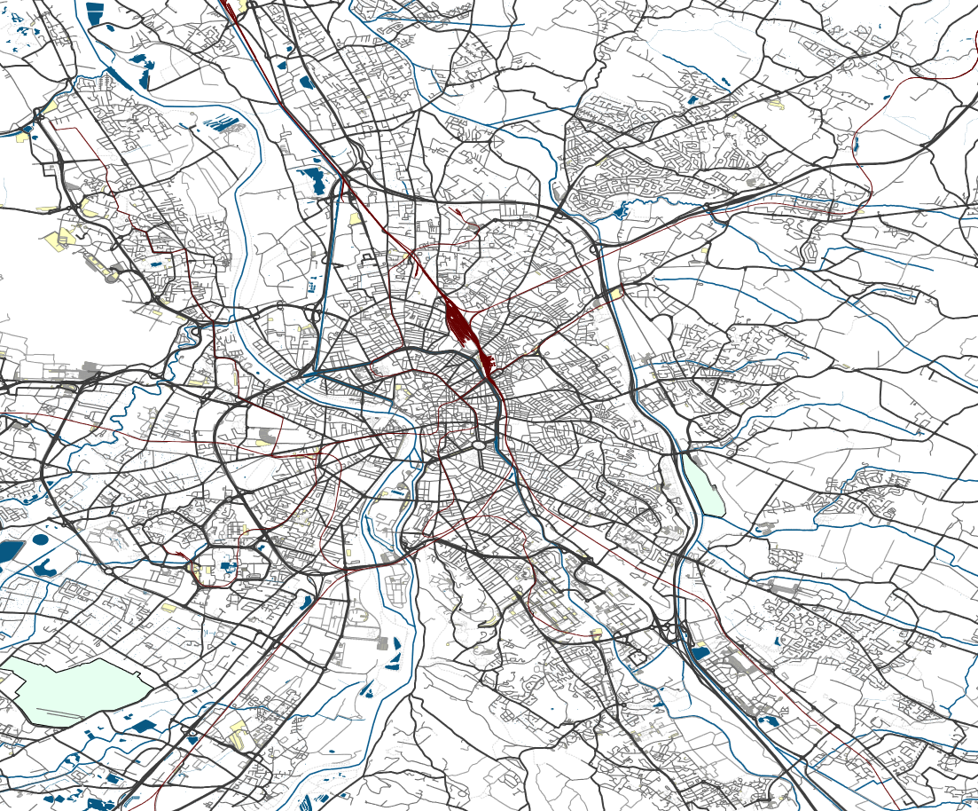 Toulouse streets, railways and waterways.